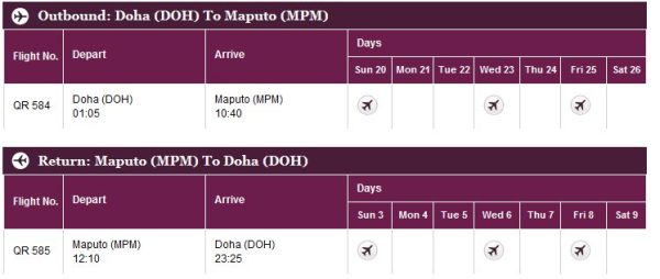 Flight schedule Doha to Maputo